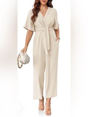 Light Beige Wrap Jumpsuit with Tie Waist